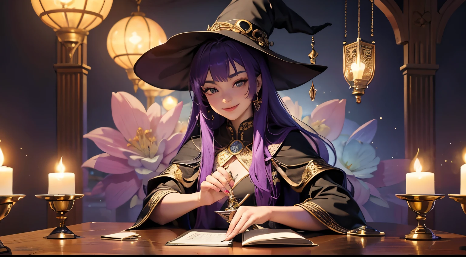 "Masterpiece, highest quality, depth of field, perfect lighting, a mysterious fortune teller sitting at a table performing tarot reading, young female fortune teller in a cute dress and witch's pointed hat smiling, the cute girl fortune teller smilingly looking at tarot cards, table adorned with classical and beautiful tarot cards, background suggesting a healing space, interior decorated with colorful seasonal flowers, courtyard, full of flowers, sparkling atmosphere."
