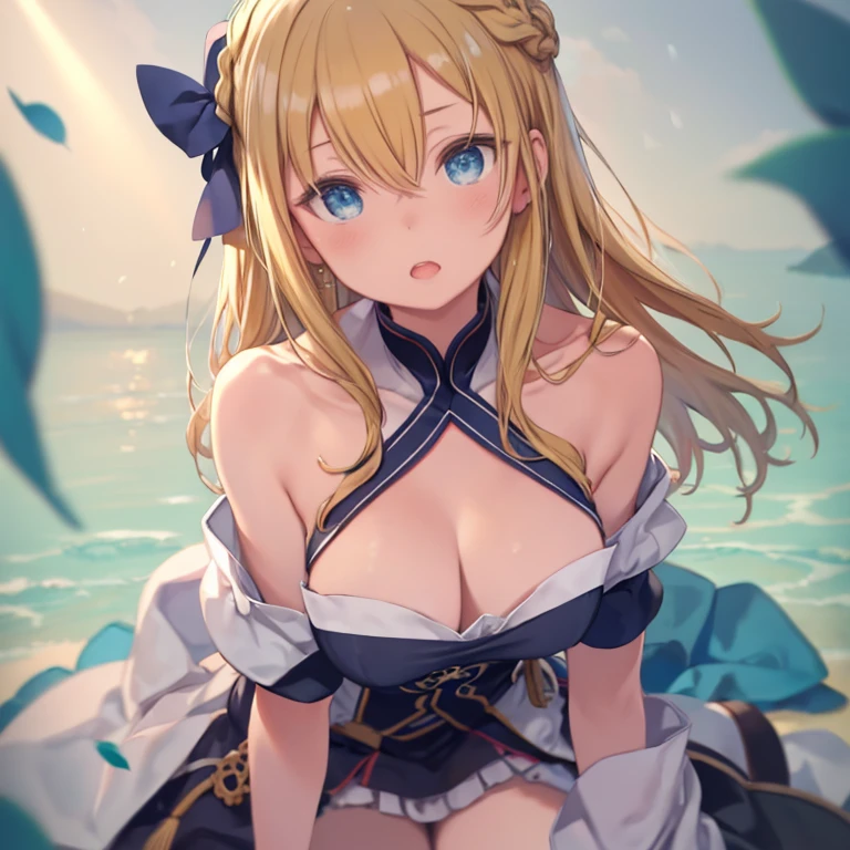 masterpiece、highest quality、High resolution、Very detailed、Close-up、Focus on the face、Medium wide shot、(mint, blue eyes, braid, Hair between the eyes、Long blonde)、Big Breasts、Leaning forward、Staring at the audience、Fisheye Lens、Cleavage、Open your mouth、Extreme perspective、Emphasized perspective、Yuan、YuanからCleavageが見える、