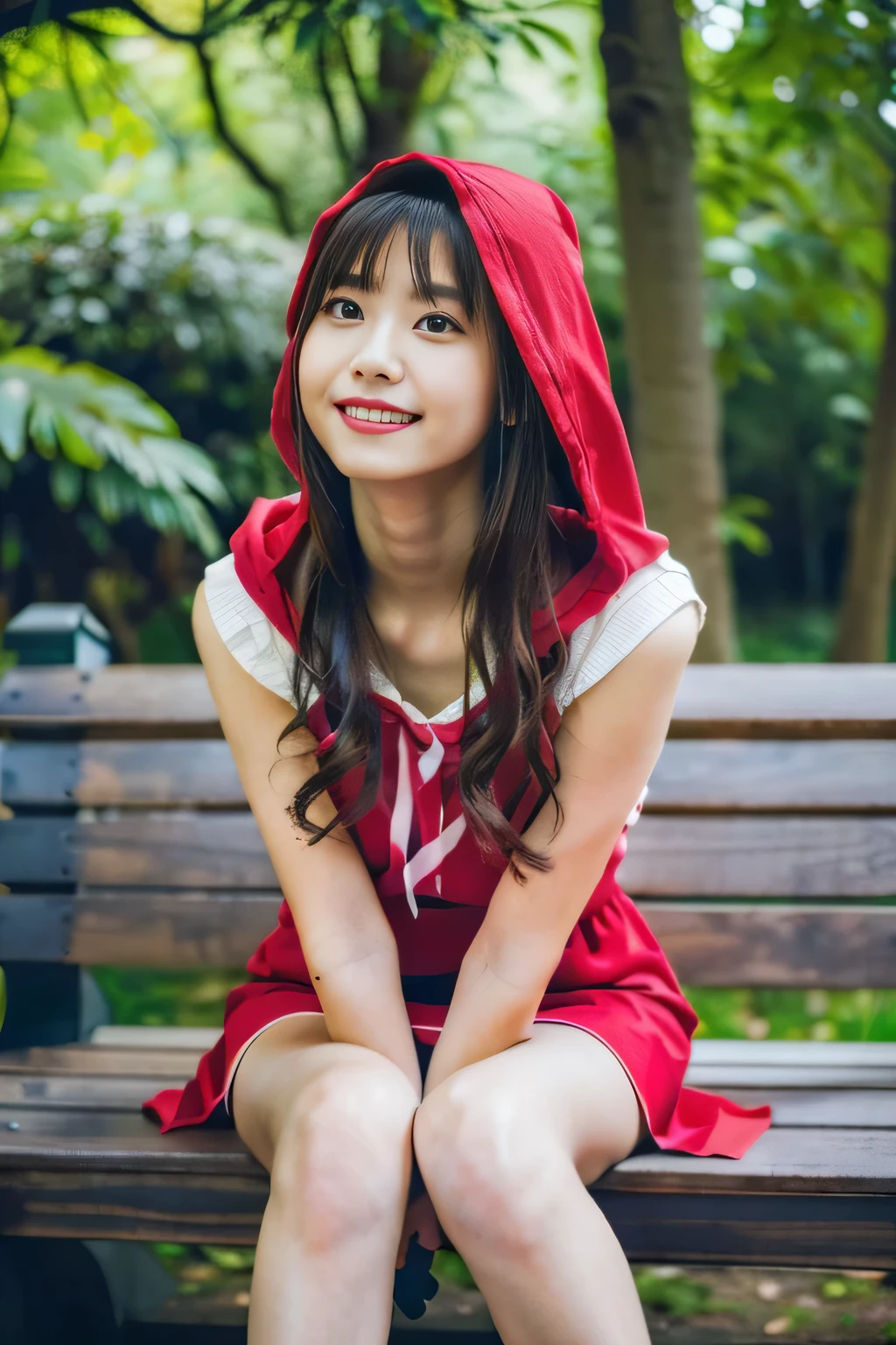 (best quality:1.2),(ultra detailed,highres,HDR,8k,3D,realistic,photorealistic,super fine,effects,official art,detailed background), (very happy smile,young,Japanese,detailed beautiful face), (Happy days),(round face,small face beauty), (dynamic pose:1.3), (head to thighs:1.5), ((A park bench with pleasant sunlight filtering through the trees), (Sitting on a warm wooden bench), (Healing in silence):1.5), (big red riding hood: 1.3), (Delicate dress), (Small face: 1.2), (Fairy-tale world feeling: 1.1) , (Put the wicker basket on the ground:1)