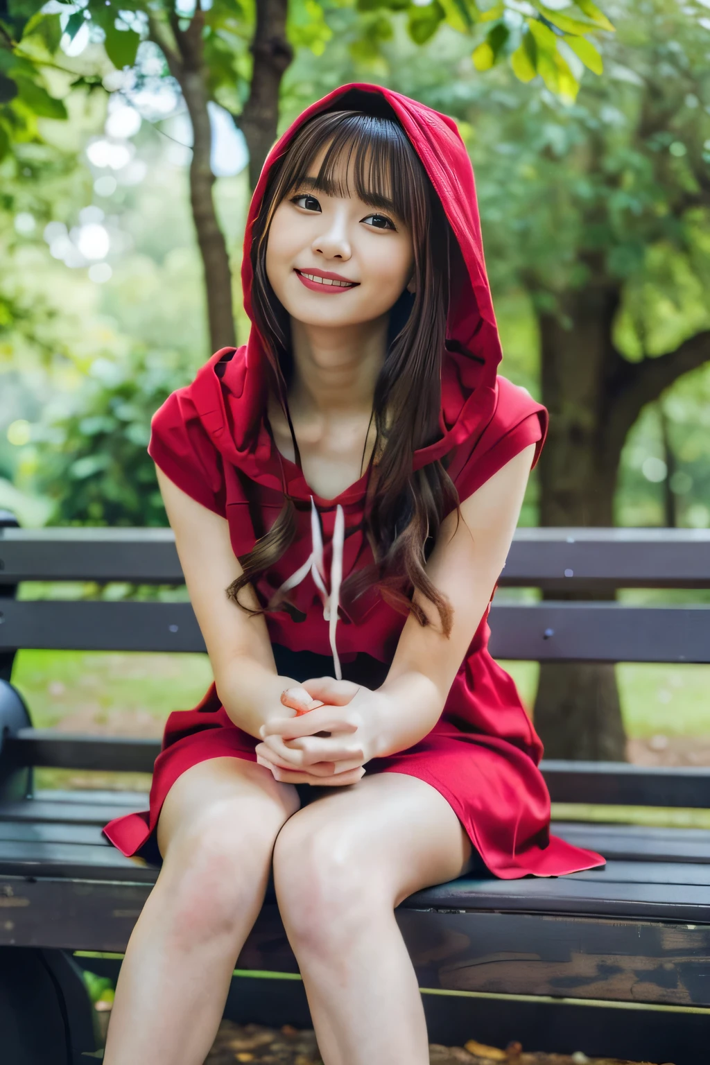 (best quality:1.2),(ultra detailed,highres,HDR,8k,3D,realistic,photorealistic,super fine,effects,official art,detailed background), (very happy smile,young,Japanese,detailed beautiful face), (Happy days),(round face,small face beauty), (dynamic pose:1.3), (head to thighs:1.5), ((A park bench with pleasant sunlight filtering through the trees), (Sitting on a warm wooden bench), (Healing in silence):1.5), (big red riding hood: 1.3), (Delicate dress), (Small face: 1.2), (Fairy-tale world feeling: 1.1) , (Put the wicker basket on the ground:1)