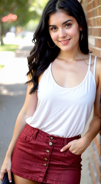 a realistic-looking young woman with black hair wearing a red tank-top and red short skirt on a sunny summer day.. Discuss how her black hair brings out the vitality of her outfit and how her expression reflects the joy of the season." 24 years old, detailed eyes, detailed body, smooth skin