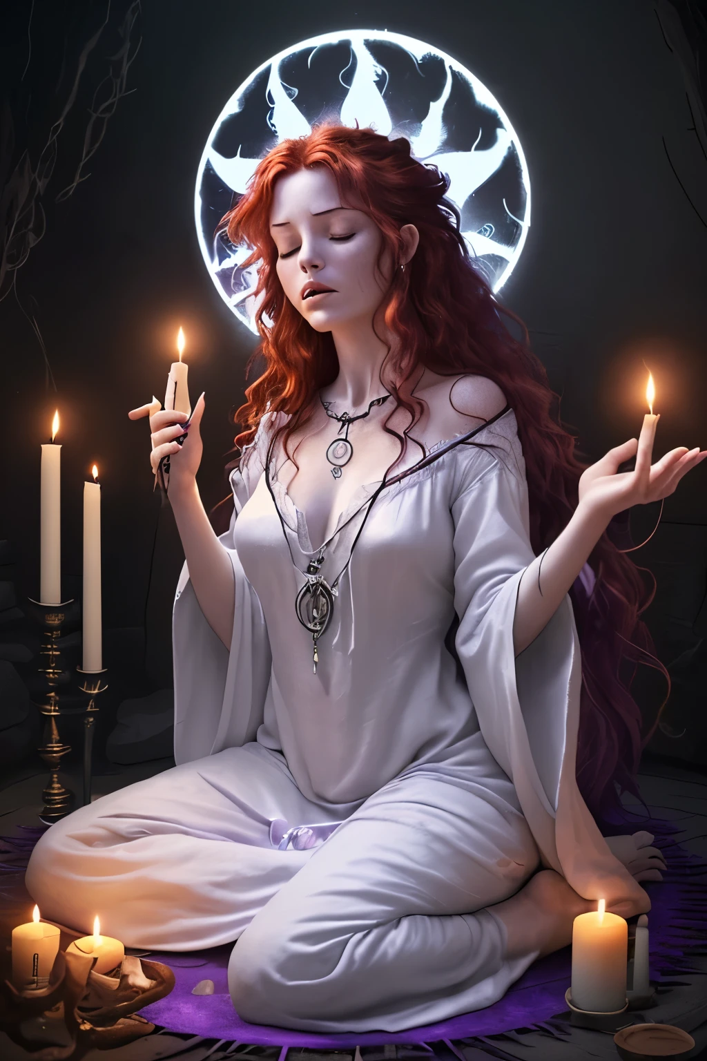 A mystical witch sits on the floor of her house in a ritual circle, raises her hands upwards in an incantation, eyes closed in concentration, lips slightly parted, wearing a white shirt that reaches her thighs (well outs), has a familiar, candles with purple flames, deep red wild hair around her neck, and a white dress.