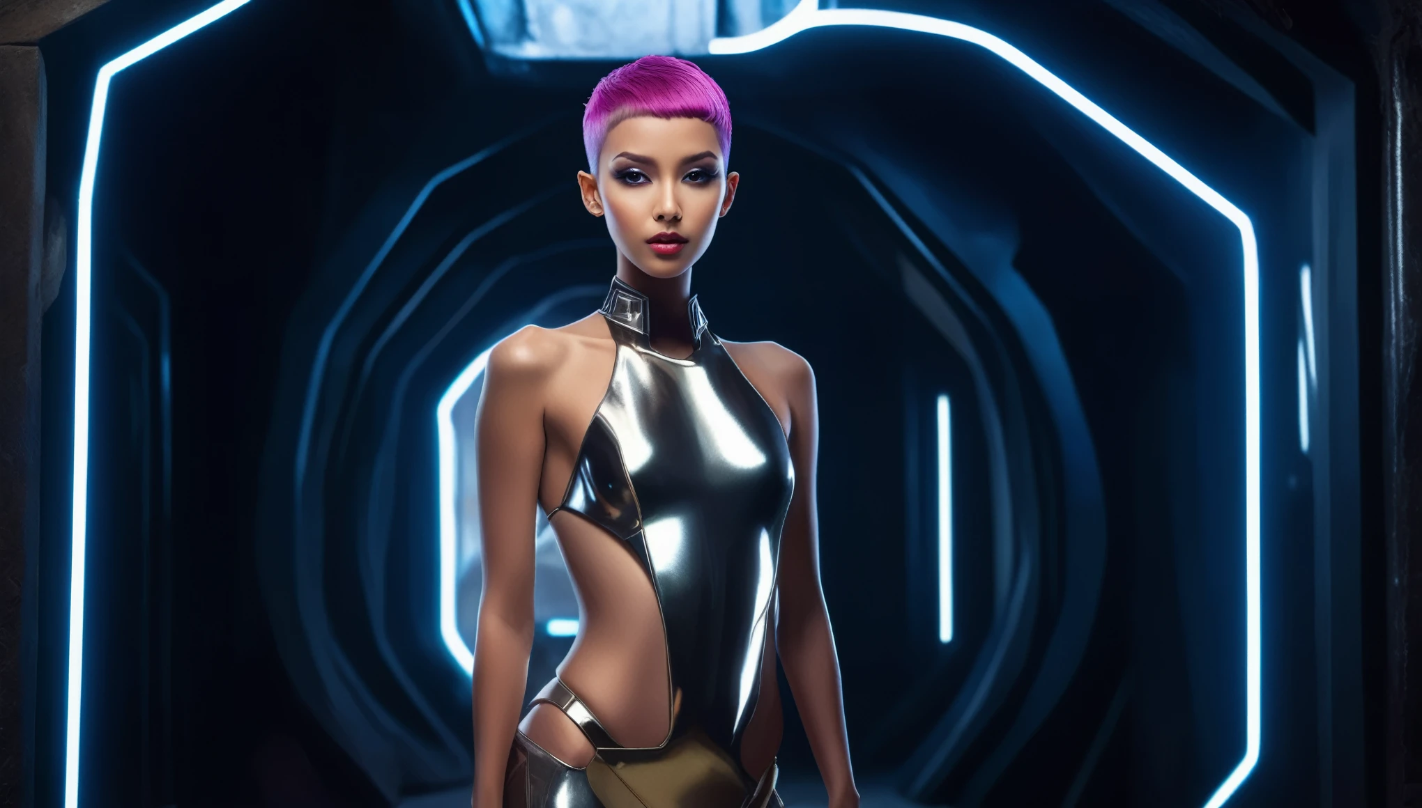 Top Quality, Masterpiece, High Resolution, 8k, (((skinny girl in futuristic silky outfit with bare back, wide neckline, small perky breasts, beautiful detailed eyes, no lipstick, extremely detailed face, pixie asymmetrical hair cut, small hips, in the sex dungeon, behind back)))