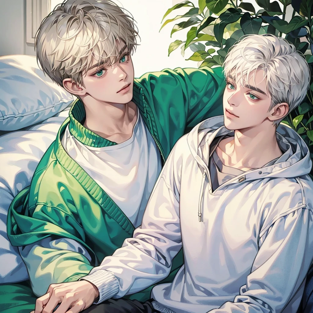 Soft boy with twenty years old,white shortcut hair,green sleepy eyes ,soft smile,sweatshirt