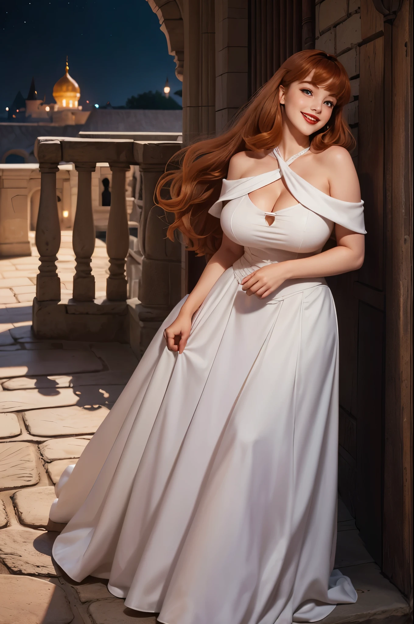 DisneyAurora 27 years old, full body shot, Beautiful woman (((shoulder length wavy reddish blonde hair))) (bangs:1.2) (white dress, long skirt) (purple eyes) defined body, Red lipstick, smiling, hands free, standing, (huge_breasts:1.3) , palace courtyard, night, (curvy:1.3)