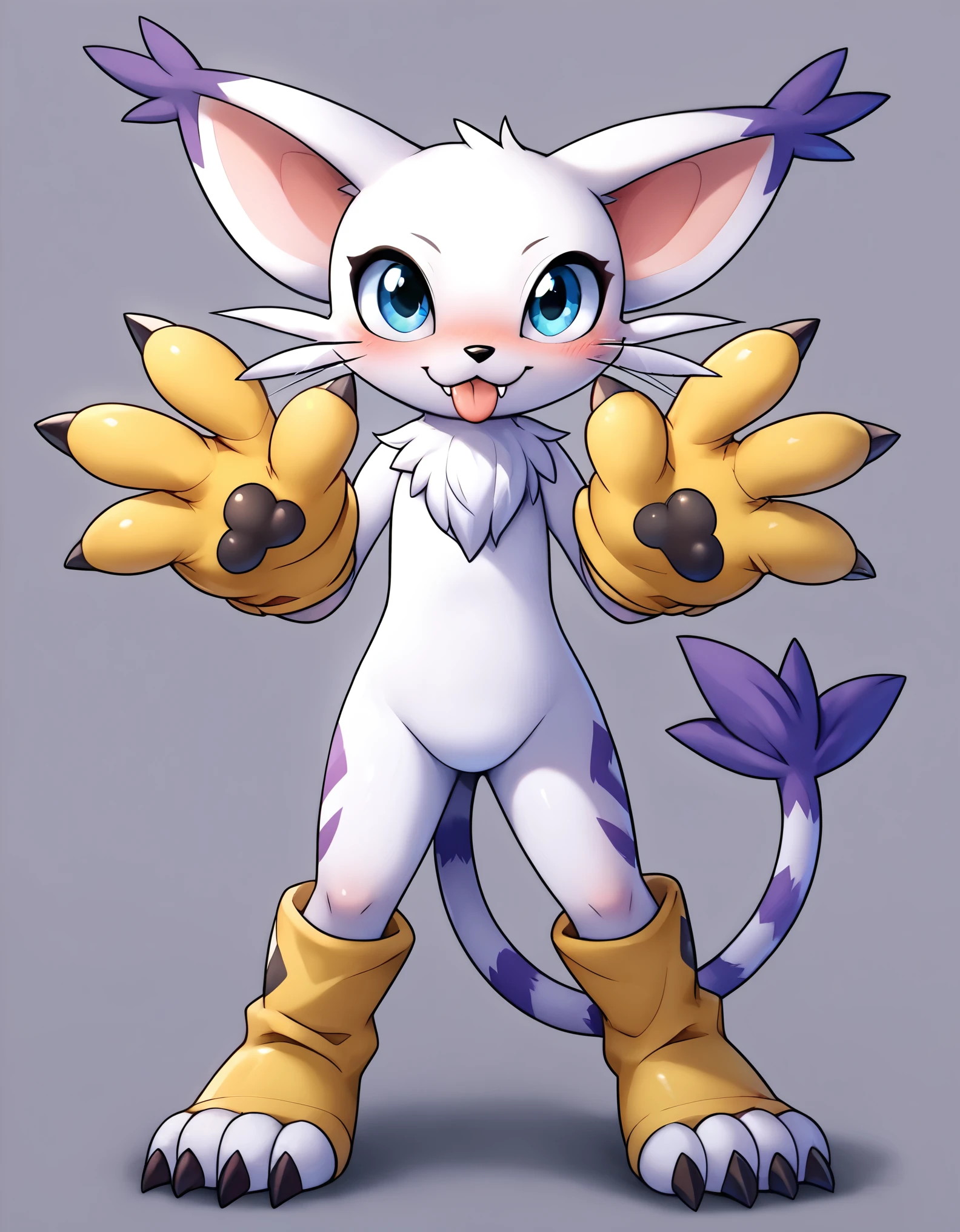 cheesoart, bandai_namco, digimon, digimon_(species), felid, feline, gatomon, mammal, 2024, absurd_res, full-length_portrait, hi_res, portrait, ambiguous_anthro, ambiguous_gender, black_nose, blue_eyes, blush, clothing, cute_fangs, dipstick_ears, ear_tuft, eyelid_pull, eyelid_pull_taunt, featureless_crotch, front_view, glistening, glistening_eyes, gloves, gloves_only, hand_on_hip, handwear, handwear_only, leaning, leaning_forward, looking_at_viewer, looking_up, markings, mostly_nude, multicolored_ears, paw_gloves, plantigrade, raised_tail, simple_background, solo, standing, striped_markings, striped_tail, stripes, tail, tail_markings, tail_tuft, tongue, tongue_out, tuft, whiskers, yellow_background