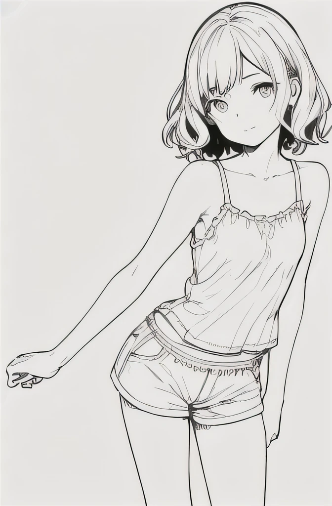 masterpiece, best quality, 1girl,  y.o girl, short wavy hair, breasts, cute eyes, white transparent camisole:1.2, short hot pants, slight smile, looking at viewer, outdoors, line-drawing, monochrome, simple background 