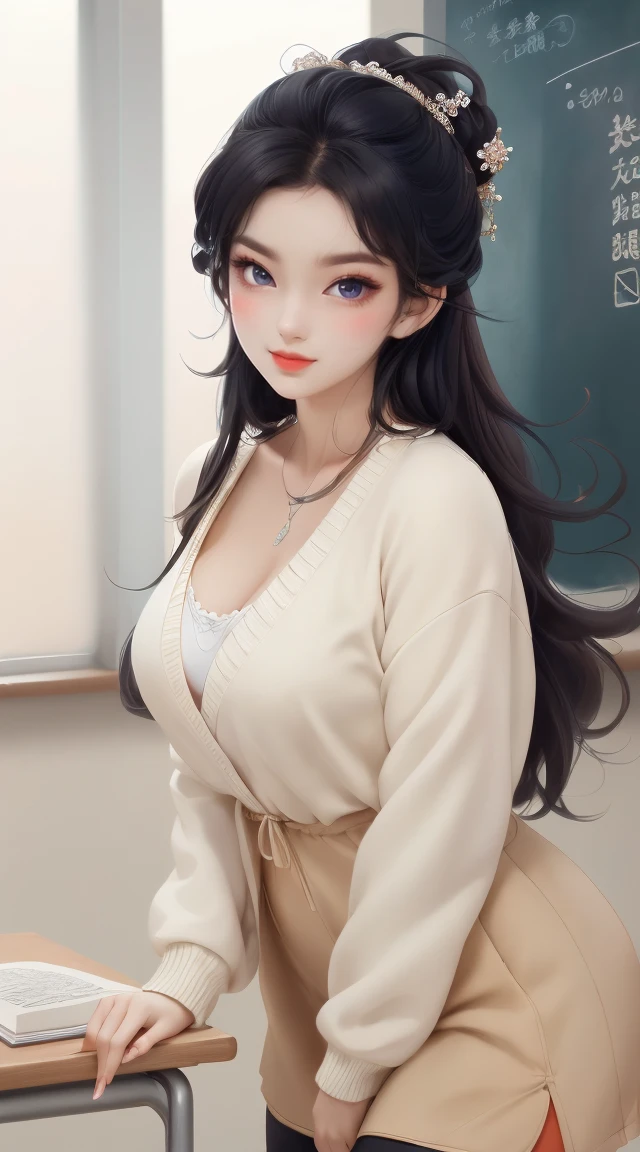 (best quality,4K,8k,high resolution,masterpiece:1.2),Ultra Detailed,(actual,photoactual,photo-actual:1.37),Nezuko Kamado,Sexy teacher,Beautiful and delicate eyes,Beautiful and delicate lips,Long eyelashes,Black long hair,fit,（Large Breasts，Cleavage close-up，Wide hips, Curvy beauty,）Clive Arch,Revealing clothes,Short skirt,Suggestive underwear,Confident Posture,Teaching sex education,Classroom environment,blackboard,Books and papers,学生Focus于,Express participation and interest,Focus、professional teaching,Educational posters on the wall,Vibrant colors,Studio Lighting,Soft warm colors,Warm and welcoming atmosphere