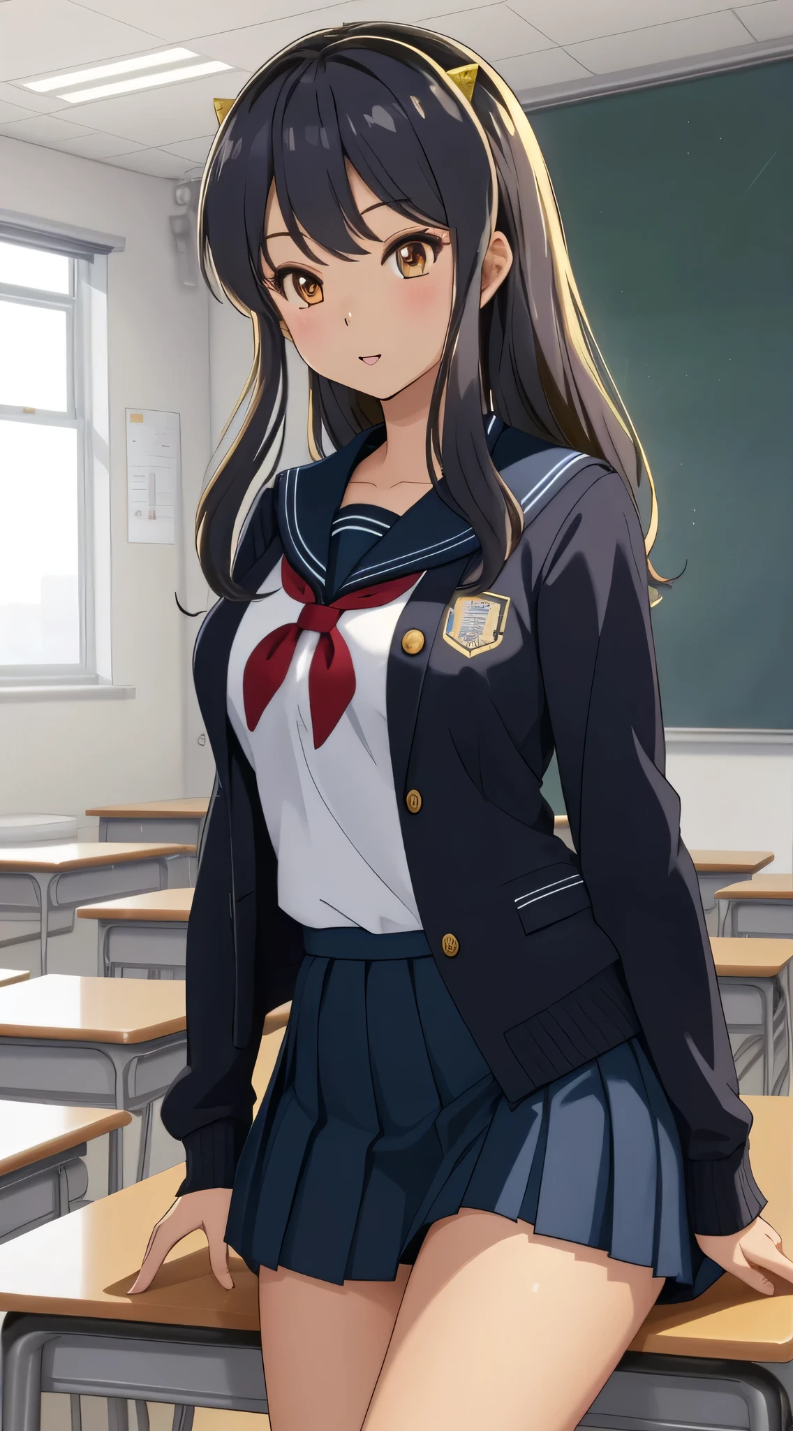 Ram, sexy, Tabletop, (Penetration: 1.2),((Summer sailor uniform, Detailed and accurate)), In a glamorous body, Big Breasts:1.6, ((School uniform skirt)), (I can see her panties, Lace, Accurate and detailed), Sexy Poses,refer to4Bookの中に親refer to1Book,On a desk in the classroom、Classroom Background、