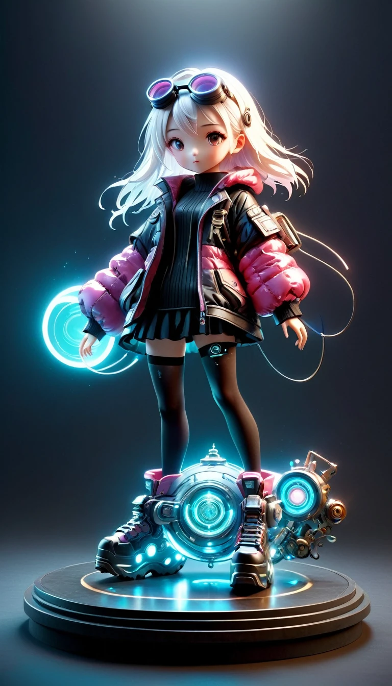 blind box, plastic toy, 3D tous, IP model, A cute of the world, white hair, tech goggles, a holo-glowing translucent jacket, Time travel device, a lot of decoration, precision mechanical parts, glossy materials, futuristic, cyberpunk, resin material, full body, full Shot, Simple background, display lighting, volumetric lighting, oc render, volume rendering, 8K Resoulution, (Full body shot), (Mechanical shoes:1.2), (Black laser stockings), Super Fine, Unbelievably ridiculous, Extremely detailed, Delicate and dynamic, Pixar, 3d, c4d, Surrealism, rococo style, Cubist Futurism, Futurism, first-person view, pov, (anatomically correct), best quality, 8k, UHD, masterpiece, ccurate, textured skin, super detail, award winning, best quality