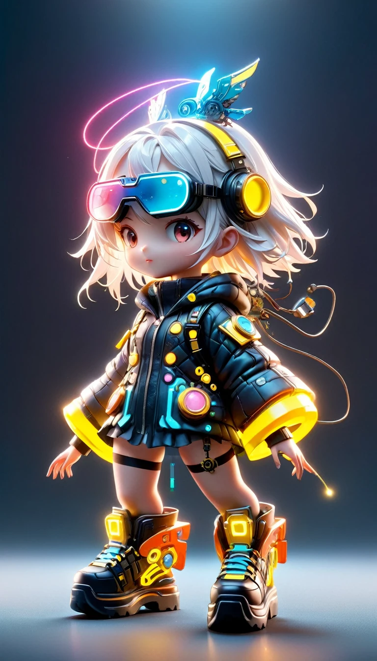 blind box, plastic toy, 3D tous, IP model, A cute *********** of the world, white hair, tech goggles, a holo-glowing translucent jacket, Time travel device, a lot of decoration, precision mechanical parts, glossy materials, futuristic, cyberpunk, resin material, full body, full Shot, Simple background, display lighting, volumetric lighting, oc render, volume rendering, 8K Resoulution, (Full body shot), (Mechanical shoes:1.2), (Black laser stockings), Super Fine, Unbelievably ridiculous, Extremely detailed, Delicate and dynamic, Pixar, 3d, c4d, Surrealism, rococo style, Cubist Futurism, Futurism, first-person view, pov, (anatomically correct), best quality, 8k, UHD, masterpiece, ccurate, textured skin, super detail, award winning, best quality