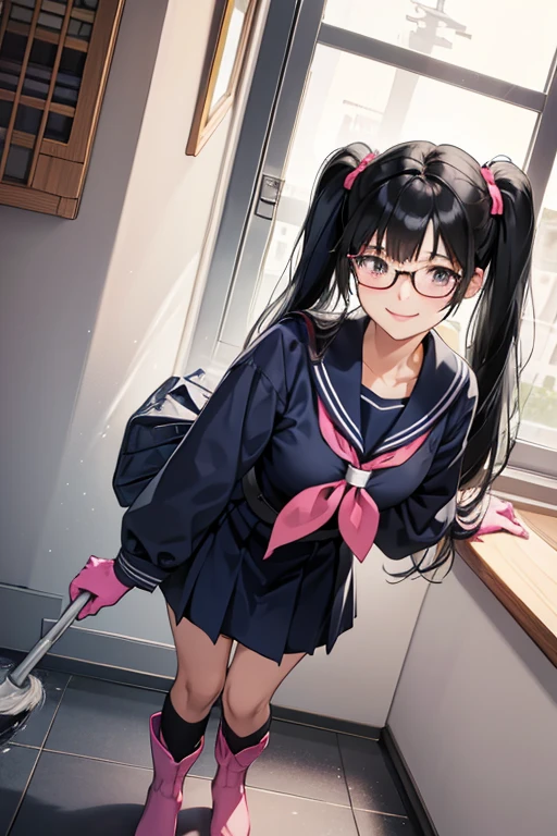 A woman with black hair, glasses and twin tails wearing a navy blue long-sleeved sailor uniform, wearing pink long rubber gloves and white rubber boots, smiling gently as she cleans the school building
