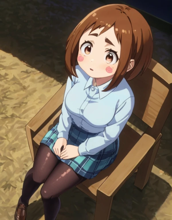 on back, Sitting, wood chair , Overhead Shot, looking up, contrapposto, dynamic pose, cinematic lighting, nighttime , Cattle farm, daytime ,
1girl, Uraraka Ochako, thick_eyebrows blush_stickers, brown_hair, brown_eyes, short_hair, sideburns, shiny hair, medium breasts, skindentation +++ v-shaped_eyebrows, :o , , clear iridescence gingham check collared shirt aqua checked skirt, drawers pantyhose full brogue, extremely quality extremely detailed, illustration, cute anime face, spreas legs,