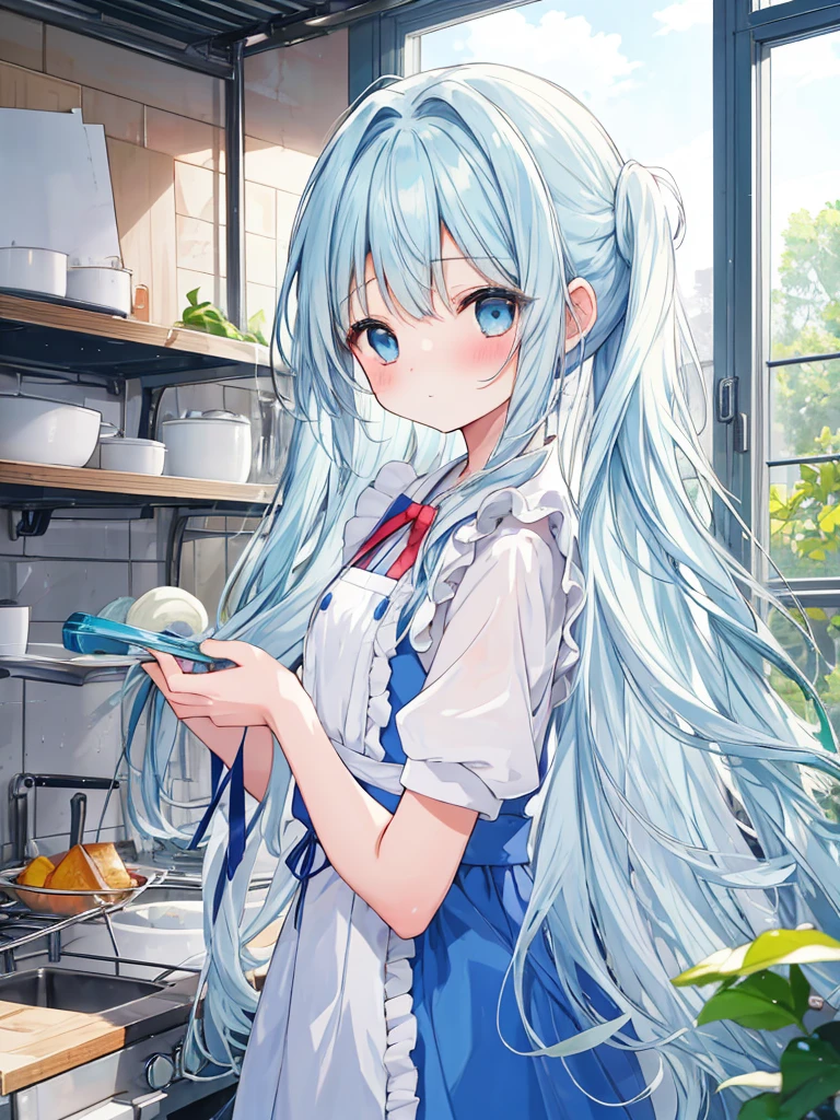 masterpiece, best quality, extremely detailed, (illustration, official art:1.1), 1 girl ,(((( light blue long hair)))), light blue hair, ,10 years old, long hair ((blush)) , cute face, big eyes, masterpiece, best quality,(((((a very delicate and beautiful girl))))),Amazing,beautiful detailed eyes,blunt bangs((((little delicate girl)))),tareme(true beautiful:1.2), ,,, affectionate smile,(8K, Raw photography, top-quality, ​masterpiece:1.2),、hi-school girl、、summer clothing、、be shy、Very cute、pony tail hairstyle、Classroom、Cooking Practice、I want to blush、Turning Pripan、pinafore、Holding a kitchen knife、Hand over the lunch box、