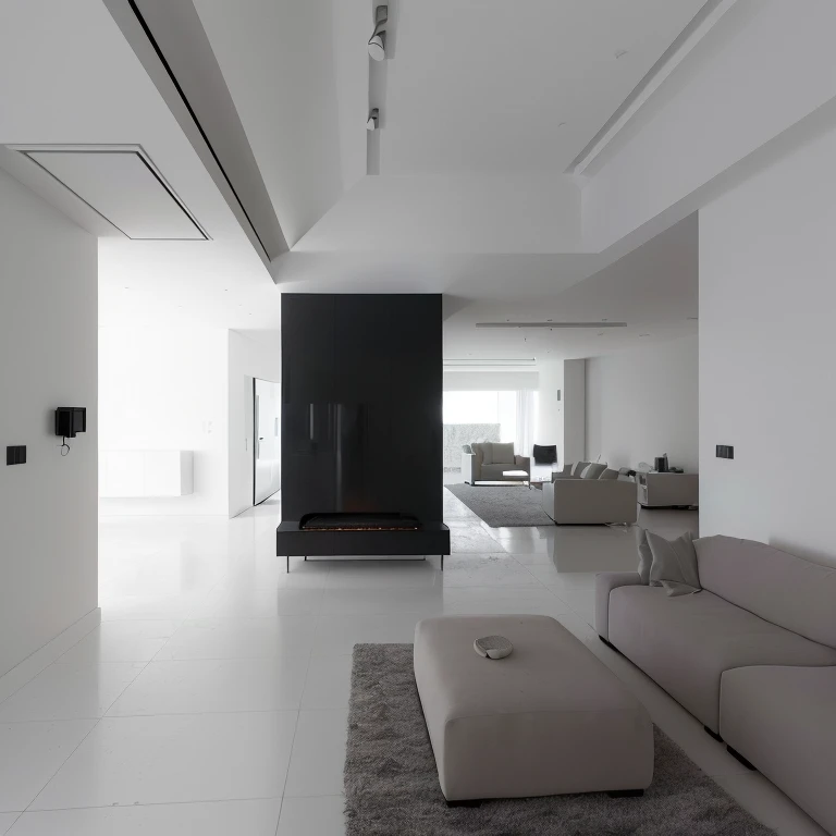 There is a large living room with sofas and a fireplace., Minimalist interior design, Modern Minimalist, Modern Minimalist f 2 0 clean, Elegant minimalism, Modern apartment interior, Shot with Sony A7R camera, Modern minimalist design, Modern Minimalist f 2 0, Modern and minimalist, minimalist design, Minimal Modern, White concrete floor, a modern livingroom, Very minimalistic