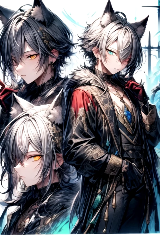 ((highest quality)), ((masterpiece)), (detailed), Perfect Face, One boy, Handsome man, 20〜30 years old, Vtuber model, Very short hair,Cut Hair, ((White wolf ears)),  Shiny skin, Line art, ((Heterochromia,Left eye shines golden,Right eye glows red,Right eye has bloody tears)), White Hair,Silver Wolf Personification,Take away