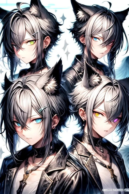 ((highest quality)), ((masterpiece)), (detailed), Perfect Face, One boy, Handsome man, 20〜30 years old, Vtuber model, Very short hair,Cut Hair, ((White wolf ears)),  Shiny skin, Line art, ((Heterochromia,Left eye shines golden,Right eye glows red,Right eye has bloody tears)), White Hair,Silver Wolf Personification,Take away