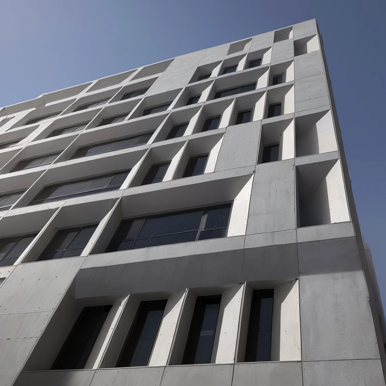 Arabian style view of a skyscraper with a clock on the outside, Architectural Photography, concrete building, Building orientation, Architectural shots, Architectural Photography, Entire building, a middle-shot from front, Brutalist office building, vertical architecture, Intermediate View, Seen from the ground, concrete, Abstract façade of a building, View from the ground