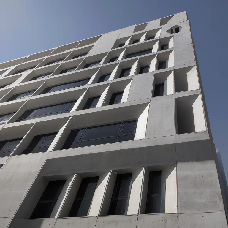 Arabian style view of a skyscraper with a clock on the outside, Architectural Photography, concrete building, Building orientation, Architectural shots, Architectural Photography, Entire building, a middle-shot from front, Brutalist office building, vertical architecture, Intermediate View, Seen from the ground, concrete, Abstract façade of a building, View from the ground
