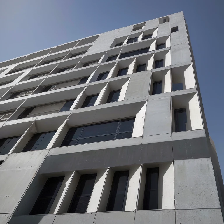 Arabian style view of a skyscraper with a clock on the outside, Architectural Photography, concrete building, Building orientation, Architectural shots, Architectural Photography, Entire building, a middle-shot from front, Brutalist office building, vertical architecture, Intermediate View, Seen from the ground, concrete, Abstract façade of a building, View from the ground
