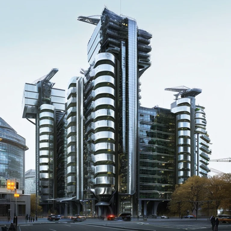 A building in Arafed with many windows and a crane above, Foster parents and partners, in style of Norman Foster, London architecture, Chrome Building, Norman Foster, Futuristic Buildings, Herzog de Meuron, Tall Obsidian Building, London, huge Futuristic Building, Very futuristic, Futuristic Chrome City, Futuristic Building, Futuristic Utopian Architecture, Futuristic structure