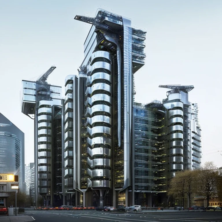 A building in Arafed with many windows and a crane above, Foster parents and partners, in style of Norman Foster, London architecture, Chrome Building, Norman Foster, Futuristic Buildings, Herzog de Meuron, Tall Obsidian Building, London, huge Futuristic Building, Very futuristic, Futuristic Chrome City, Futuristic Building, Futuristic Utopian Architecture, Futuristic structure