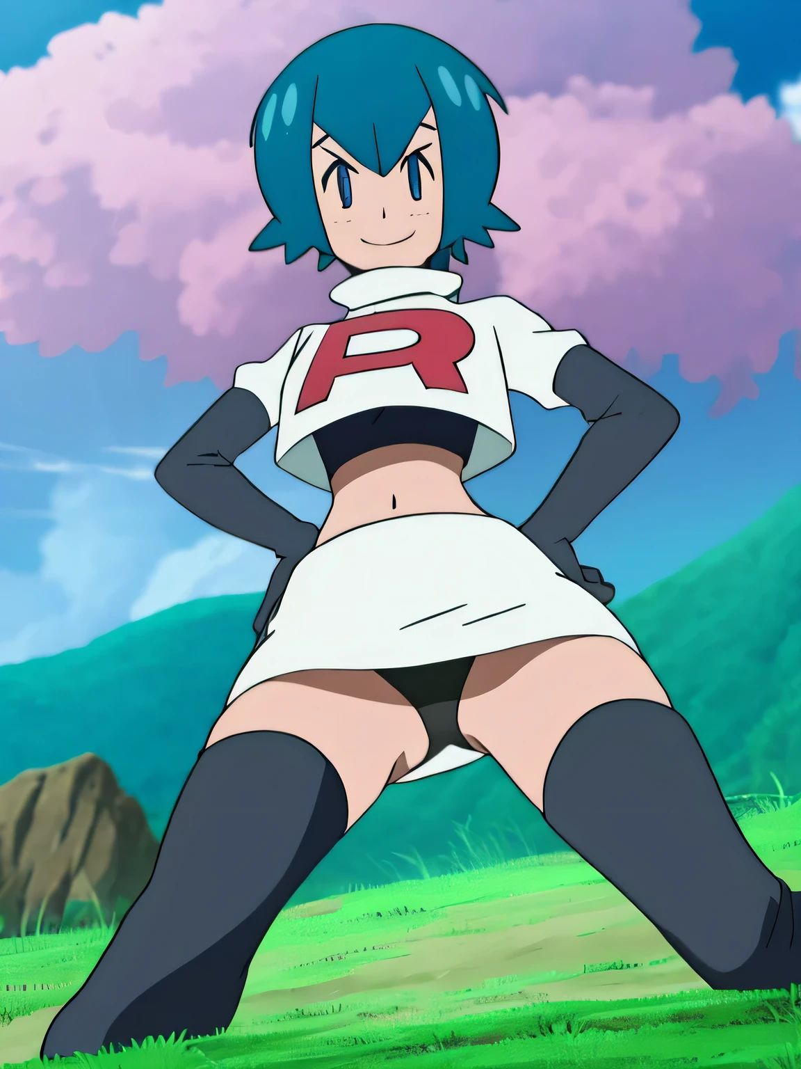 View of the valley, with grass, team rocket uniform, red letter r, white skirt,white crop top,black thigh-high boots, black elbow gloves, evil smile, looking at viewer, hands on hips,spread legs,black panties,pkmnLana,sexy pose,from below
