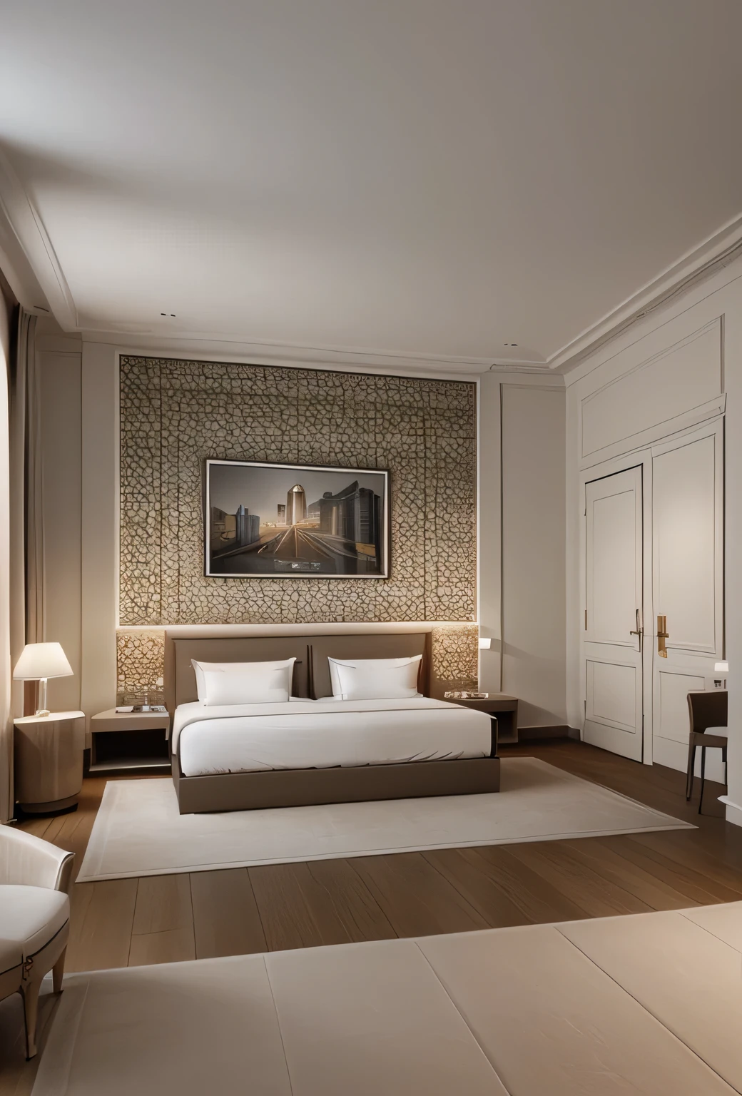 Professional 3d architecture rendering design of modern and French design for boticque hotel’s bedroom with art 