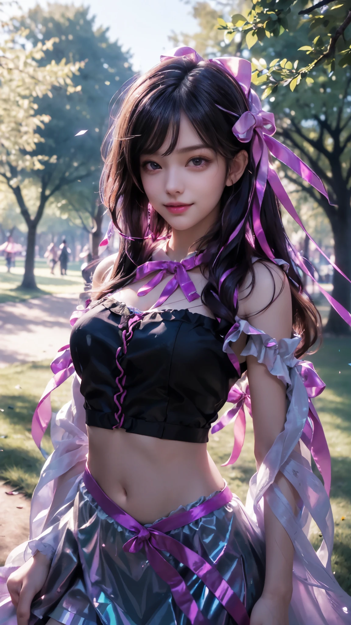 (ultra-realistic realism), (illustratio), (A high resolution), (8K), (The is very detailed), (Best Illustration), (Beautifully detailed eyes), (top-quality), (ultra - detailed), (tmasterpiece), (HD Color), 1 girl, ((24 years old girl)), (A detailed face), solo, 1 girl in, looking at viewert, finedetail, A detailed face, in the darkness nigth, deep shading, low tune, pureerosfaceace_V1, A smile, magenta shawl ,straight hair, 46-point diagonal bangs, (beautiful stomach, strips), (shining ribbon:1.5), (cropped shoulders), (in the park:1.5), lake, beautiful posing,