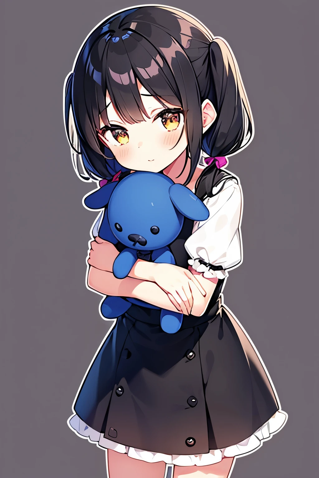 1girl,9 years old, Height is 151,Slender, Black hair, very dark brown eyes, Short cute twintails, Stars hair clips, Dark blue skirt dress, rainbow and cloub patterns dress, hugging puppy doll, Simple background