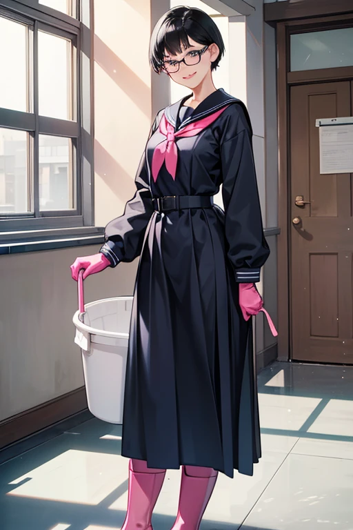 A woman with short black hair and glasses wearing a navy blue long-sleeved sailor uniform, wearing pink long rubber gloves and white rubber boots, smiling gently as she cleans the school building  