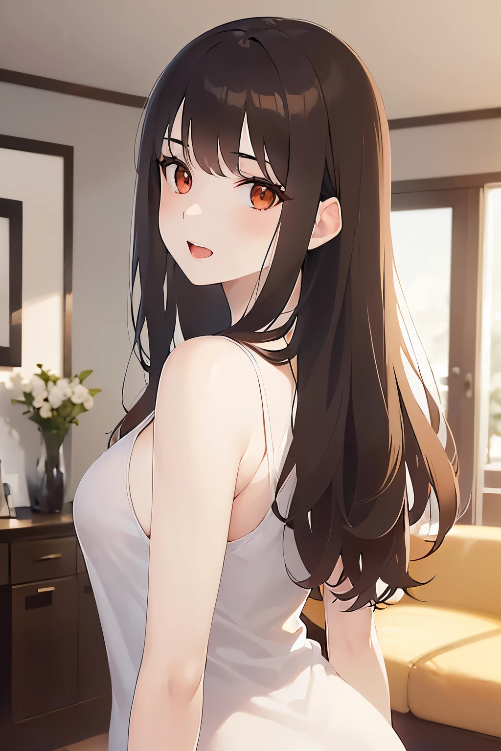 look back、Upper Body, Realistic, real person, (pale skin: 1.2), RAW photo, photorealistic, shiny skin, shiny hair、(A 25-year-old woman with medium-length hair and bangs) and (wavy hair) and (brown hair) and (orange eyes) , Wearing a white tank top 、smile, open mouth, The background is the living room、Alone、Are standing
