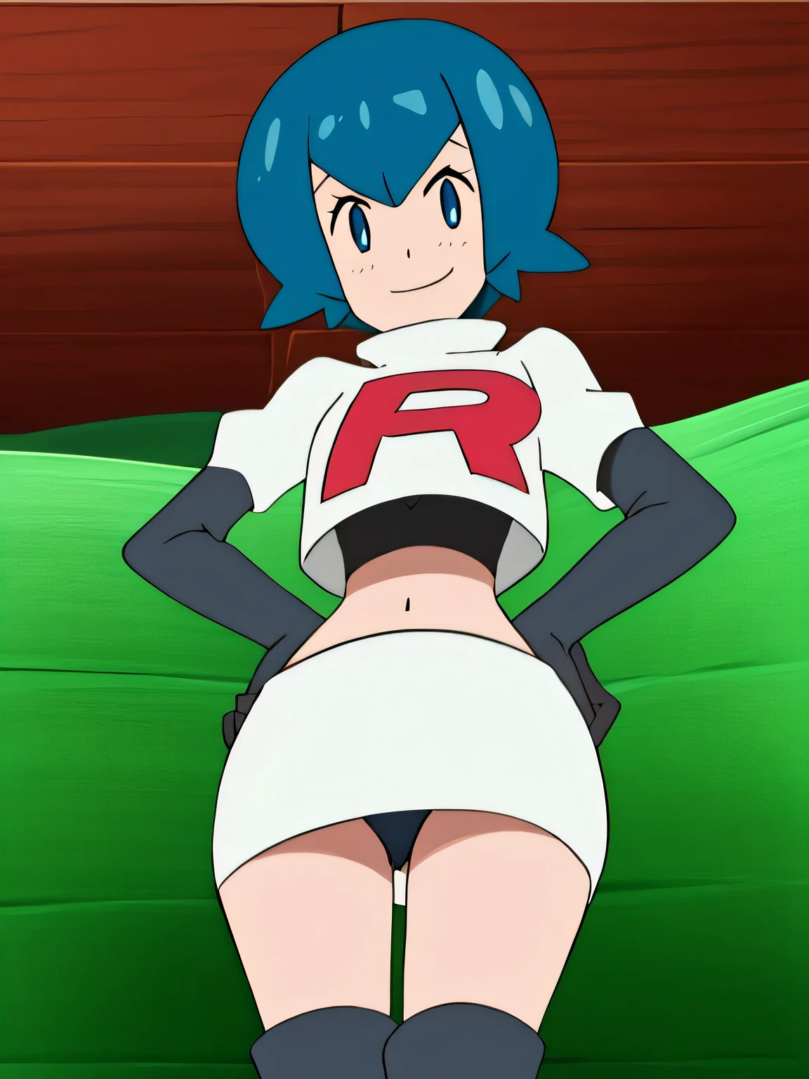 View of the valley, with grass, team rocket uniform, red letter r, white skirt,white crop top,black thigh-high boots, black elbow gloves, evil smile, looking at viewer, hands on hips,spread legs,black panties,pkmnLana,sexy pose,from below
