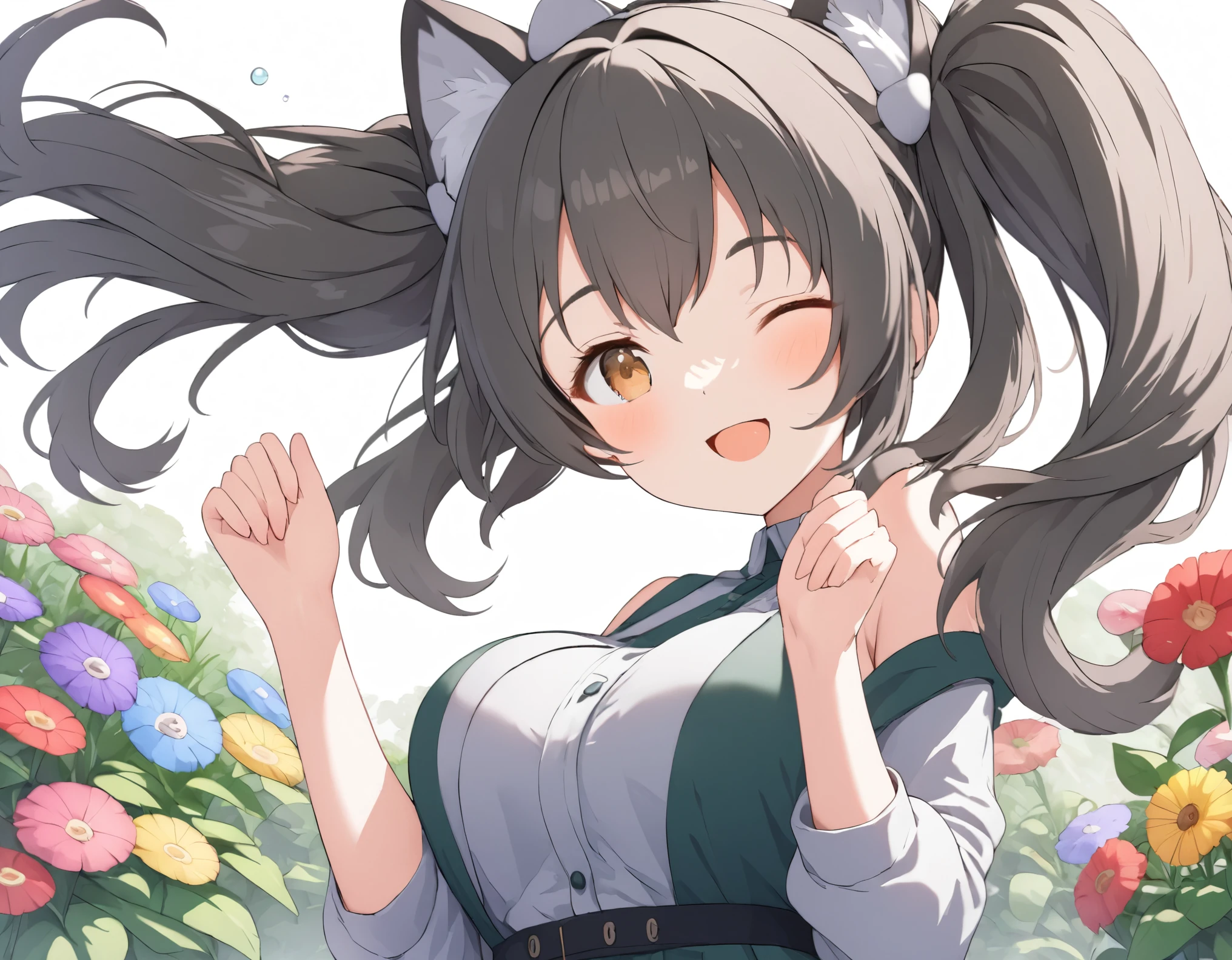 (((Highest quality ultra detailed,Unity 8k))),１girl,emerald eye,beautiful girl,A big smile,(((tareme:1.5))),Shiny black hair,Twin tails,Medium Hair.straight hair,large breasts,Garden with flowers,{{one eye closed}}, thin eyebrows,