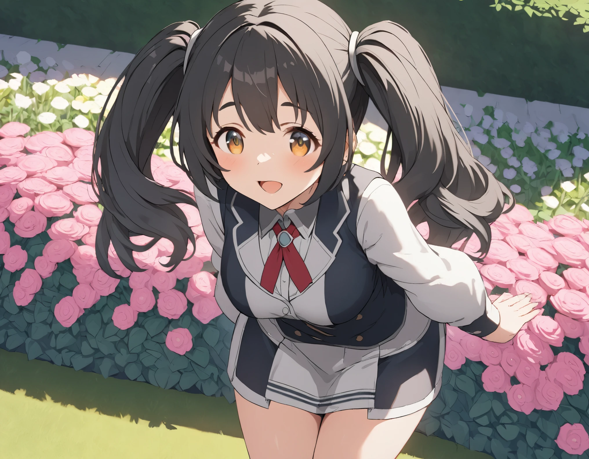 (((Highest quality ultra detailed,Unity 8k))),１girl,emerald eye,beautiful girl,A big smile,(((tareme:1.5))),Shiny black hair,Twin tails,Medium Hair.straight hair,large breasts,Garden with flowers,{{one eye closed}}, thin eyebrows,