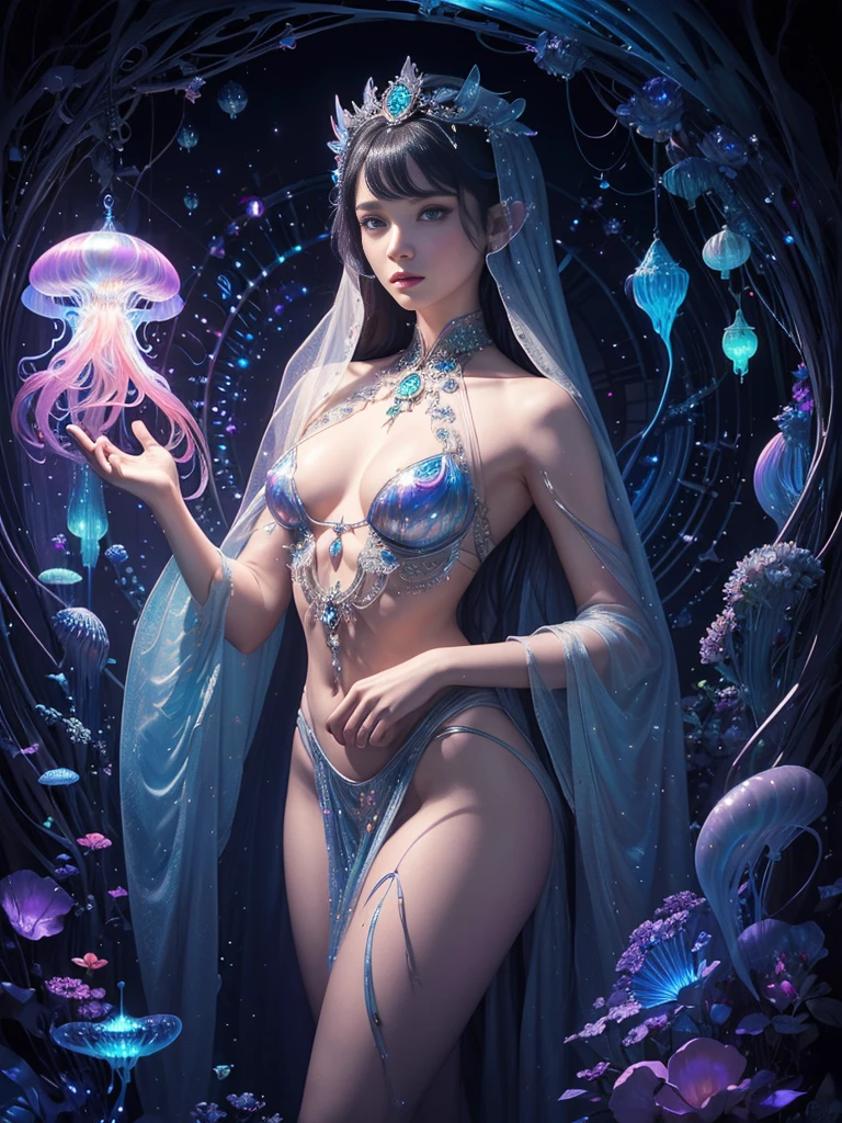 Dark room,A veiled woman、Woman with glittering body, Bepple and james jean, 3D neon art of a female body, Bepple and alphonse mucha, Bepple art, Bepple daily art, Bepple. Surrealism, James Jean and Wop, Psychedelic Organic,Fusion with women,Jellyfish Priestess。