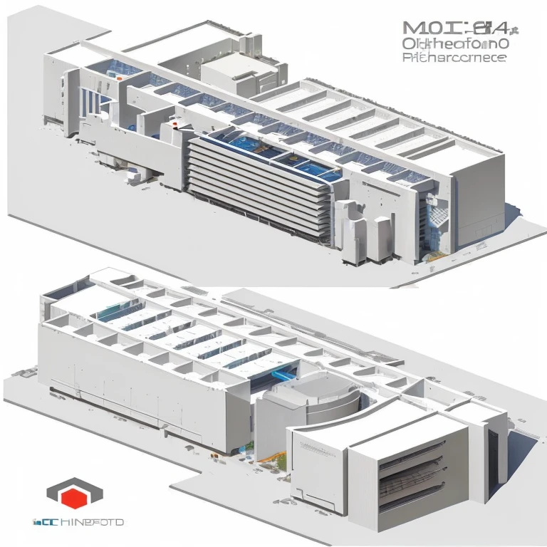 Close-up of two paintings of a building with a roof, Orthographic 3D rendering, Realistic Data Center, Unequal angles, Highly detailed data center, Unequal angles exploded view, Unequal angles drawings, SF Architecture. Isometric projection, Pre-rendered isometric graphics, 非常に詳細なIsometric projection, Isometric illustration, Detailed Data Center