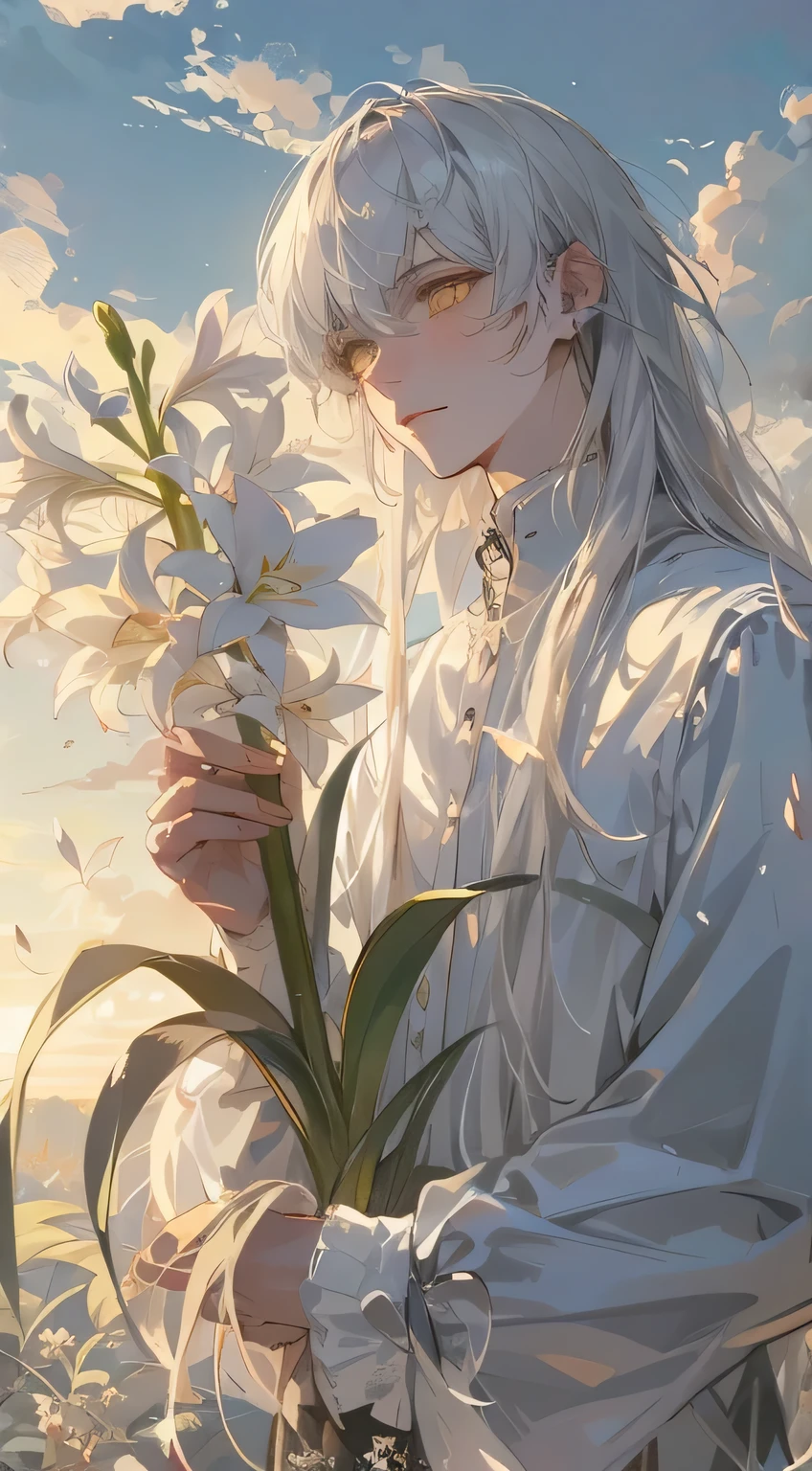 Beautiful young man, Long white hair, White shirt, Yellow eyes, Holding a white amaryllis in hand, Standing under the beautiful morning sky, Soft morning light, Calm and romantic atmosphere,high quality, Draw Amount, pixiv illustrations