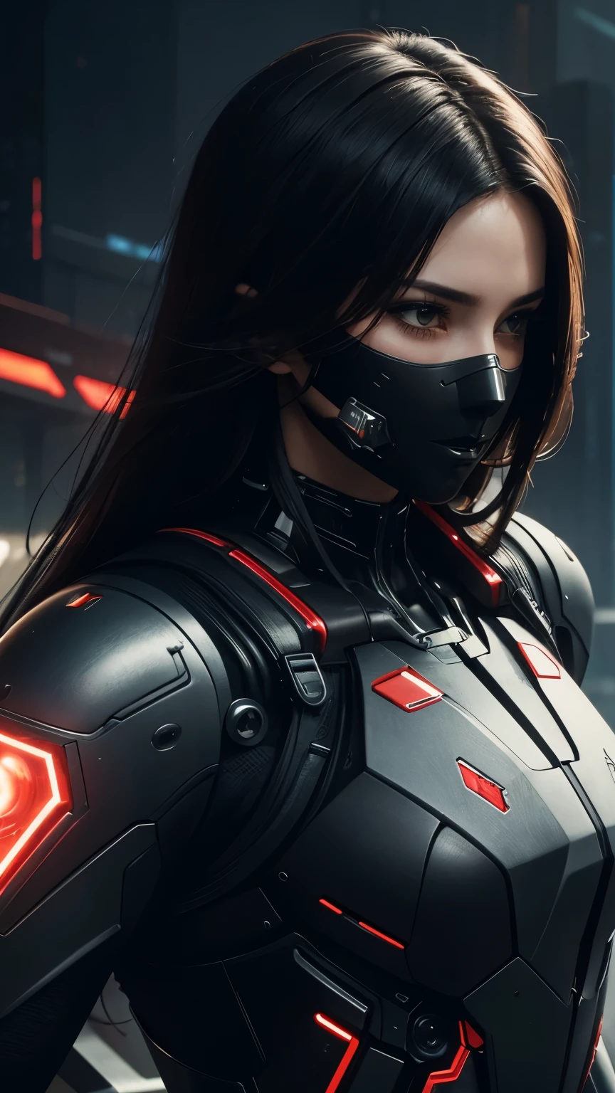 A mech woman，He has a delicate and beautiful face，Wearing a black mask，（（Red and white semi-mechanical body：1.8）），Mature and sexy，Cleavage,side close-up，Cyberpunk，Futuristic，Mechanical aesthetics，Complex machinery，The background is a high-tech lighting scene in the future city，Unreal Engine 5，Perfect detail rendering，Octane Rendering，Ultra HD，Highest quality，Outstanding details，Ultra-high resolution，（Fidelity：1.4）
