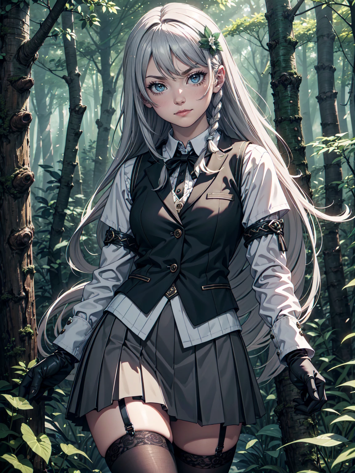 Ultra High Definition, Ultra High Quality, Hyper Definition, Hyper Quality, Hyper Detailed, Extremely Detailed, Perfectly Detailed, 8k, 1 Anime Female, Hand on Hip Pose, Long Silver Hair with Small Braids,  Black Luxury Vest, Grey Skirt, Black Tights, Gloves, Solid Green Eyes, Smirk Expression, White Flower Barrette,  Forest Panoramic Background
