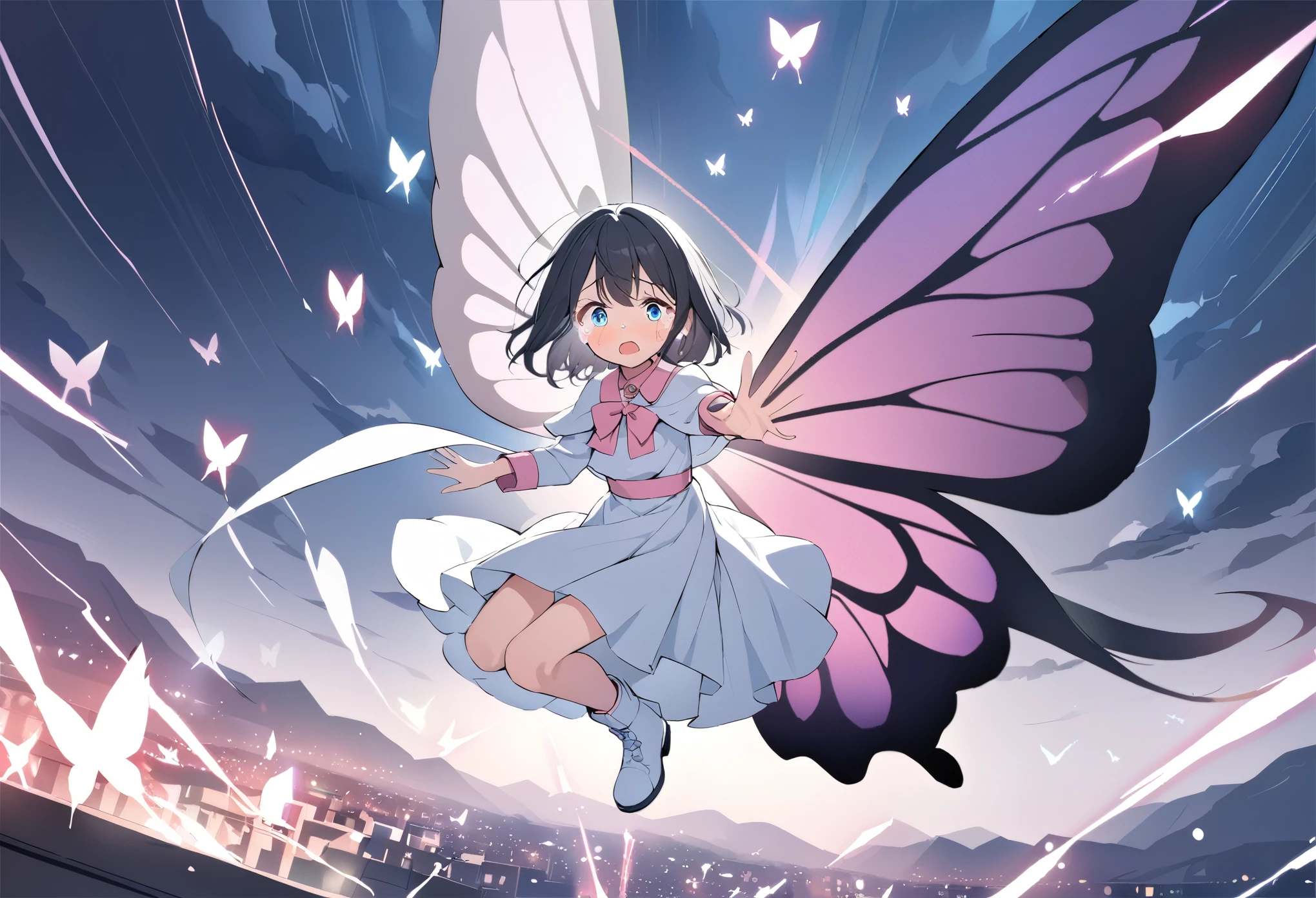 best quality, masterpiece, ultra resolution, super details, anatomically correct, 1 girl, solo, junior child, (black hair:1.2), high quality eyes, high quality hands, (clear deep blue eyes:1.3), medium hair, loose hair, no hair ornaments, white dress with pink boader, (white caplet:1.3), (pink collar bow:1.3), (long sleeves), (wide cuffs:1.3), pink obi, (long skirt:1.2), (white soft ankle boots:1.2), (huge swallowtail butterfly wings:1.3), (wings of colorful light:1.3), spreading wings, (levitating:1.2), (legs together:1.2), flying in the storm, tears, (calling out), (worried:1.2), (one hand reaching out:1.3), above a town, high quality background, depth of field