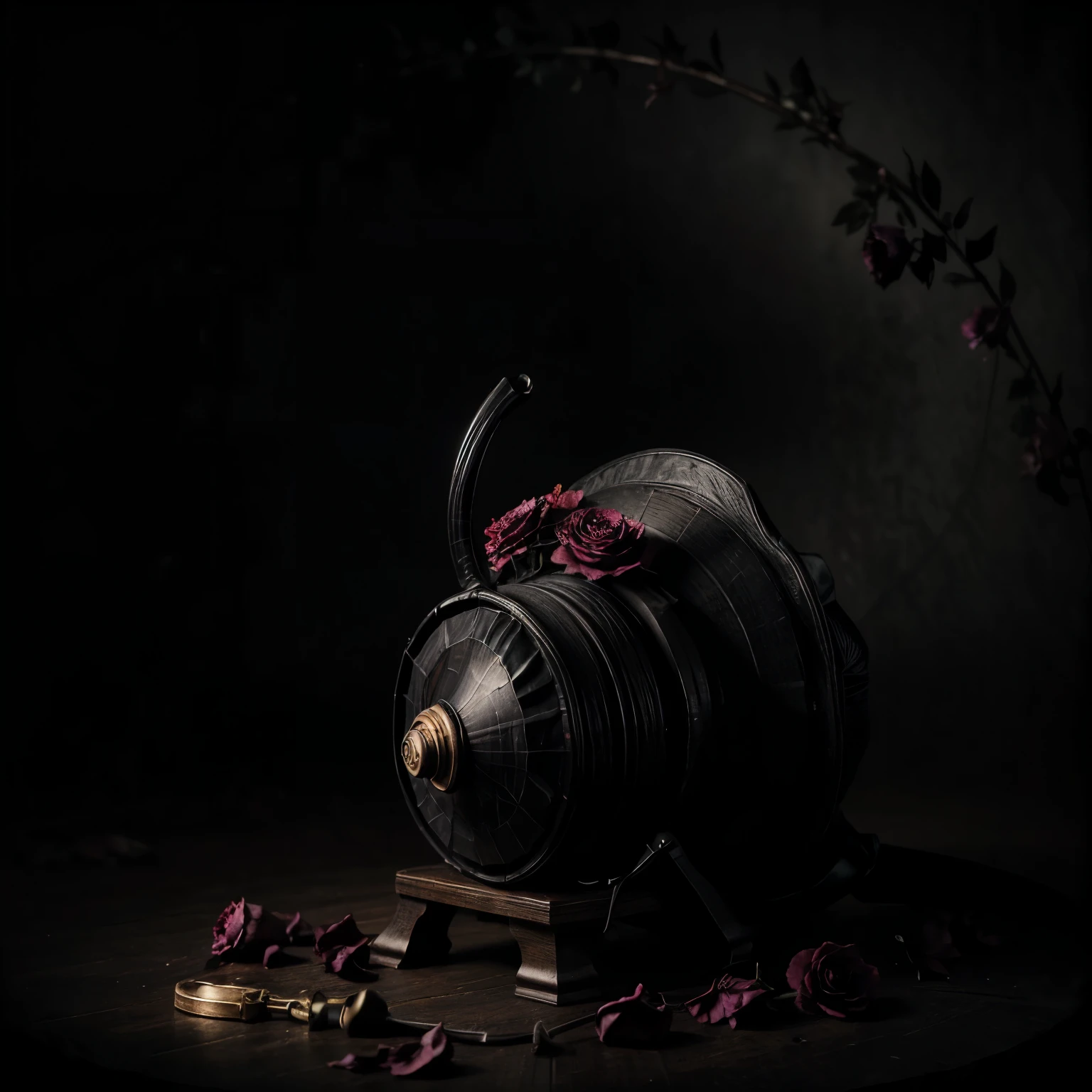 [SUBJECT] A seamless repeating pattern featuring a hauntingly beautiful black gramophone (weight: 1.2) with a large horn shaped like a blooming black calla lily (weight 1.2). Deep red roses (weight: 1.2) and purple irises (weight 1.2) with hints of wilting and decay for a gothic touch (weight: 1.2) spill out of the horn and drape around the gramophone's base. Delicate spiderwebs cling to the flowers and instrument (weight: 1.2).
[MEDIUM] Digital painting
[STYLE] Dark Romanticism with a touch of realism for the flowers
[COLOR] Moody and dramatic color palette (weight: 1.2) with emphasis on deep reds, purples, and blacks.
[LIGHTING] Dramatic lighting with a single spotlight illuminating the gramophone and flowers, casting long shadows (weight: 1.2).
[ADDITIONAL DETAILS] The pattern should seamlessly repeat in all directions.