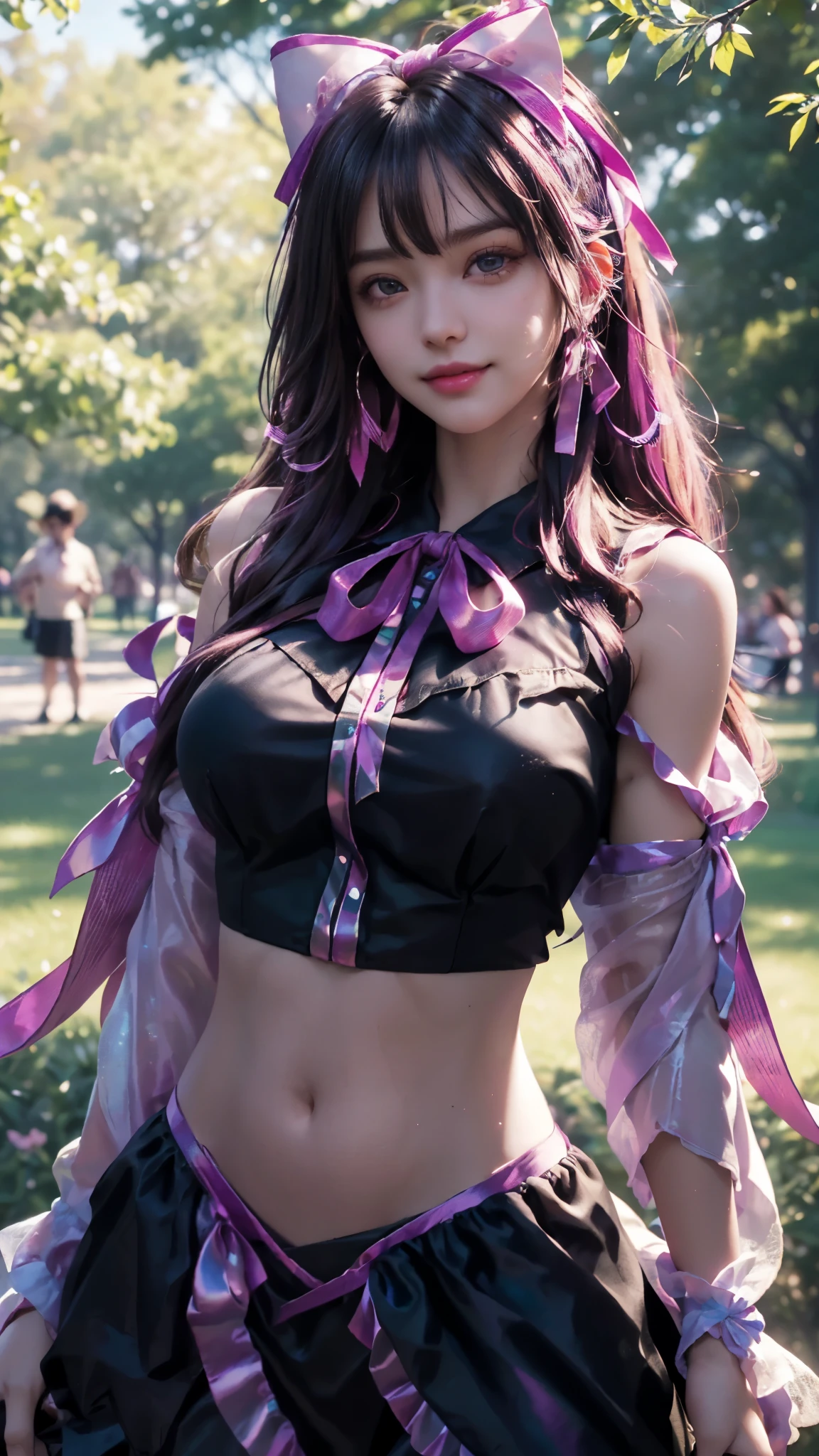 (ultra-realistic realism), (illustratio), (A high resolution), (8K), (The is very detailed), (Best Illustration), (Beautifully detailed eyes), (top-quality), (ultra - detailed), (tmasterpiece), (HD Color), 1 girl, ((24 years old girl)), (A detailed face), solo, 1 girl in, looking at viewert, finedetail, A detailed face, in the darkness nigth, deep shading, low tune, pureerosfaceace_V1, A smile, magenta shawl ,straight hair, 46-point diagonal bangs, (beautiful stomach, strips), (shining ribbon:1.5), (cropped shoulders), (in the park:1.5), lake, beautiful posing,