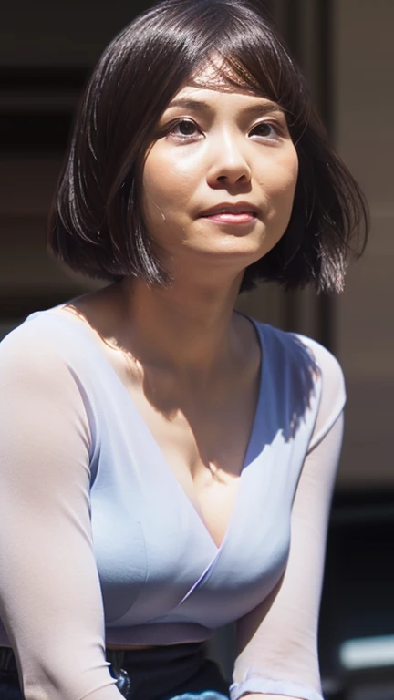 1 beautiful woman, high resolution, wallpaper 8K screen, top quality, realistic, super detailed, exquisite and perfect dynamic composition, (48 years old), (realistic skin texture), (overall skin fine lines: 1.3) , (dull skin: 1.1), (skin without moisture: 1.2), (wrinkles on the face: 0.9), (wrinkles at the corners of the eyes: 1.2), double eyelids, tear bags in the lower eyelids, eyes facing away, Serious expression, straight gaze, (dimples: 1.2), sharpness, dense and beautiful eyes, short hairstyle, thin hair, smile, short bangs, long hair, thin blouse with a wide neckline, flat chest, close to the waist Fitted flare pants, (portrait focusing on upper body), (angle from leg: 1.5),