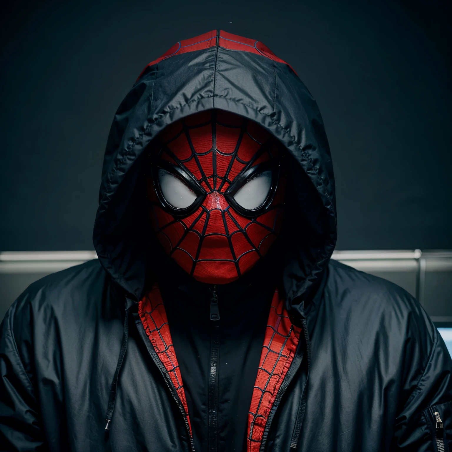 A animated male cool guy wearing jacket with hood on and his both hands pointing in front like spiderman