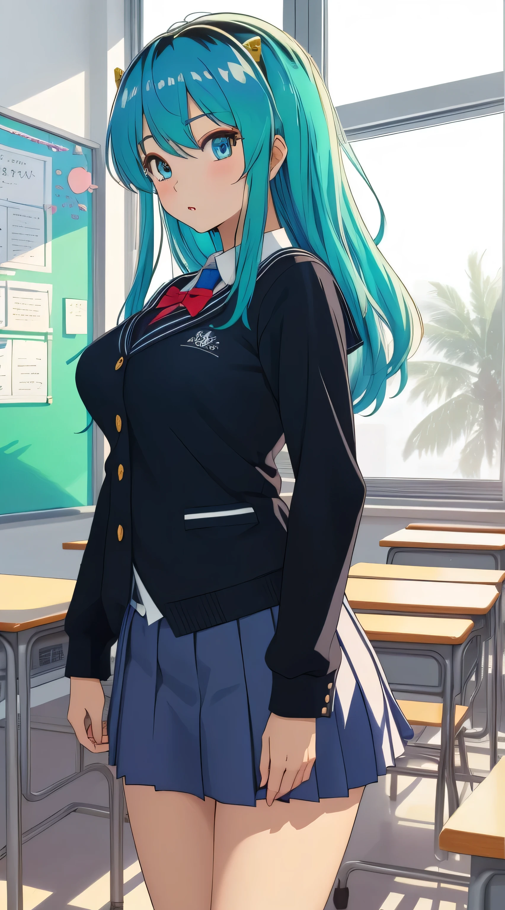 Ram, sexy, Mature face, Extremely detailed eyes、Blue Eyes, Turquoise Hair、Cute demon horns、2Book corner、Tabletop, (Penetration: 1.2),((Summer sailor uniform, Detailed and accurate)), In a glamorous body, Big Breasts:1.6, ((School uniform skirt)), (I can see her panties, Lace, Accurate and detailed), Sexy Poses,refer to4Bookの中に親refer to1Book,On a desk in the classroom、Classroom Background、