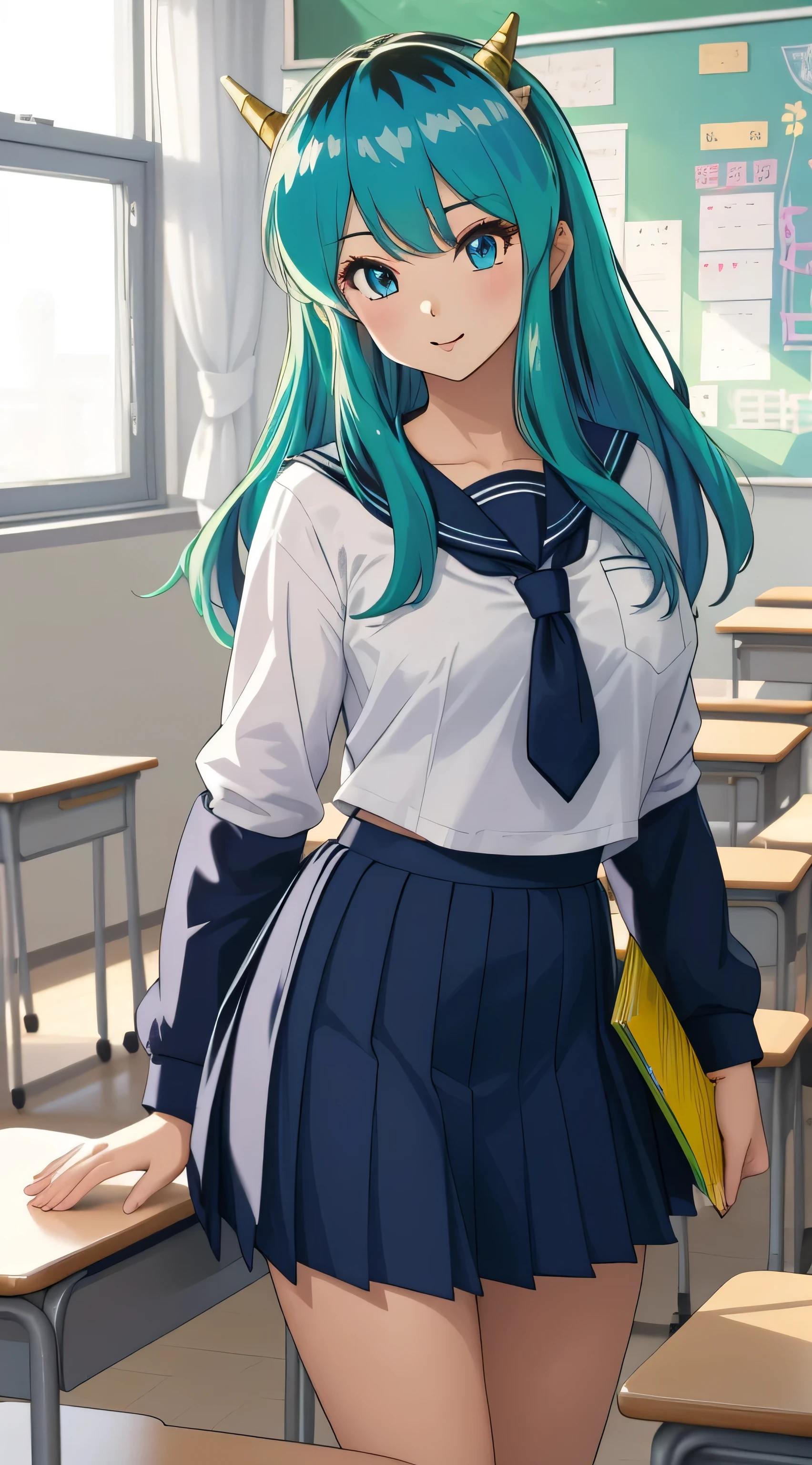 Ram, sexy, Mature face, Extremely detailed eyes、Blue Eyes, Turquoise Hair、Cute demon horns、2Book corner、Tabletop, (Penetration: 1.2),((Summer sailor uniform, Detailed and accurate)), In a glamorous body, Big Breasts:1.6, ((School uniform skirt)), (I can see her panties, Lace, Accurate and detailed), Sexy Poses,refer to４Bookの中に親refer to１Book,On a desk in the classroom、Classroom Background、