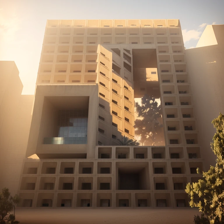 Arabian style view with a tree in the middle of the building, Entire building, Brutalist style, Brutalist buildings tower, Front view, Brutalist Design, Concrete Building, Architectural Photography, Barbarian appearance, Building orientation, Perspective, Brutalist office building, Intermediate View, Brutalist Architecture