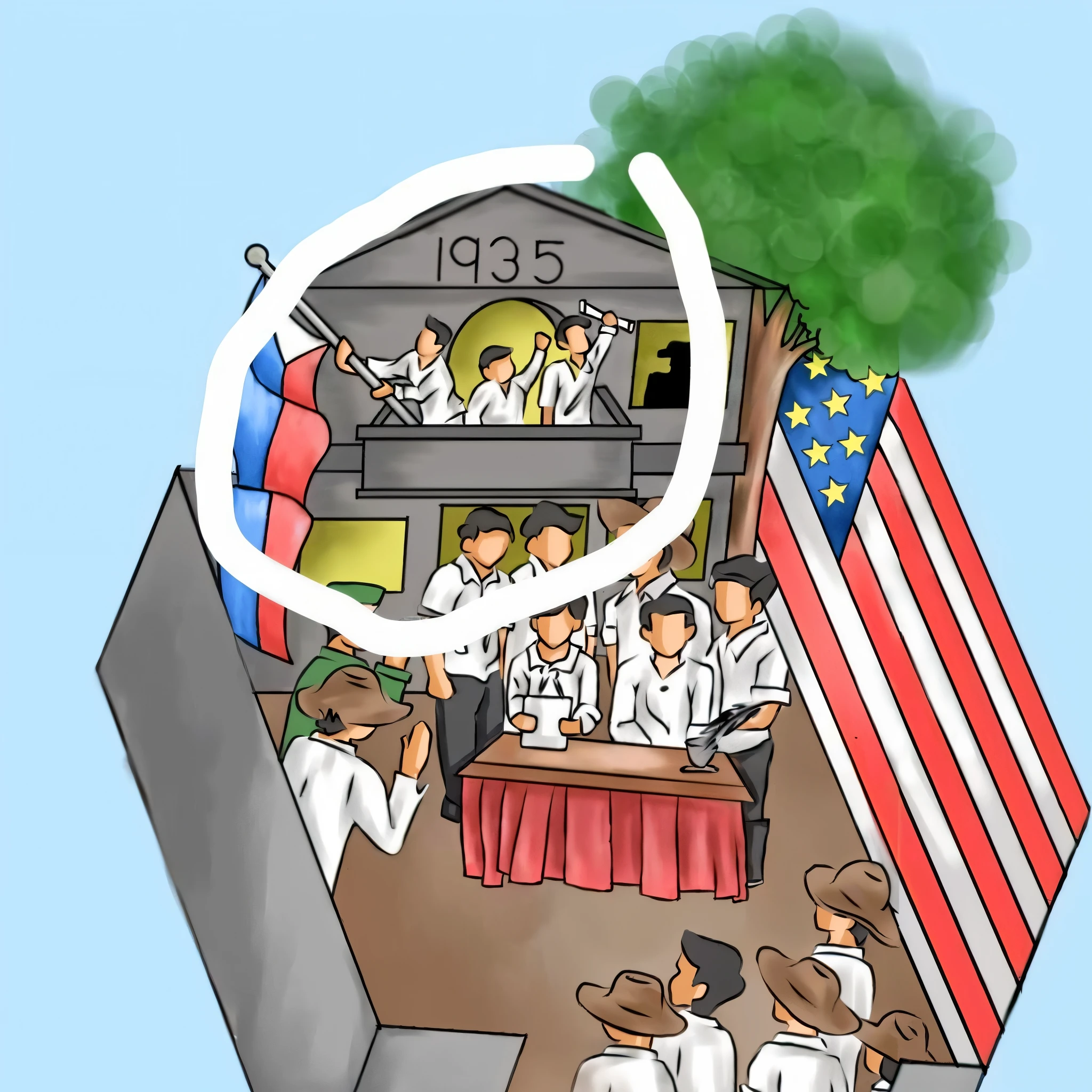 cartoon of a group of people standing in a room with a flag, full color illustration, color illustration, colored illustration, historical image, whole page illustration, inside view, an illustration of, american canteen, giving a speech, drawn image, textbook illustration in clolour, an illustration, a cartoon, fanart, commercial illustration, illustration”, illustrative art, artistic depiction