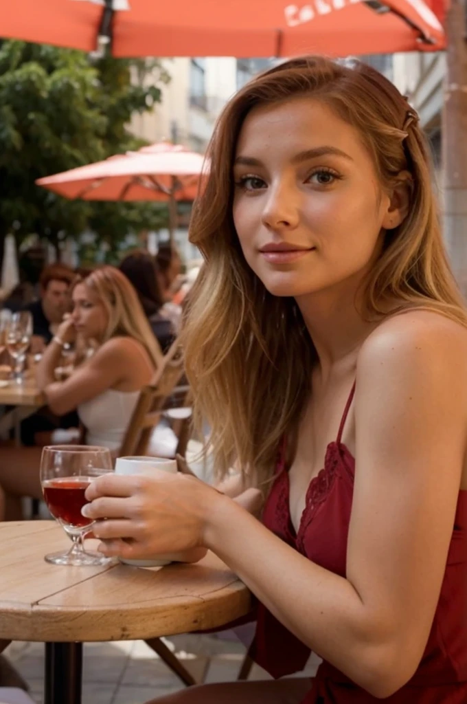 Femme blonde aux yeux marrons claires les bras derriere le dos dans la terrasse d'un restaurant avec une tasse de thé sur la table d'un restaurant a côté d'une avenue avec une robe rouge vif 